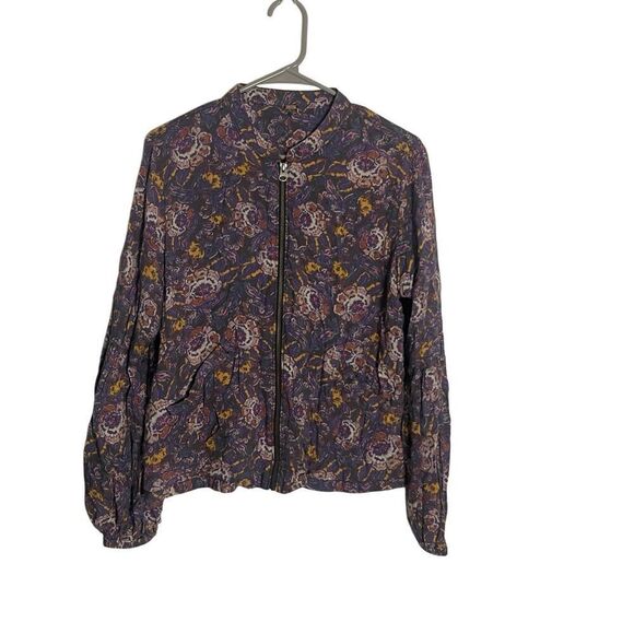 Free People Floral Full Zip Balloon Sleeve Boho Bomber Jacket Sz Medium - Picture 2 of 5